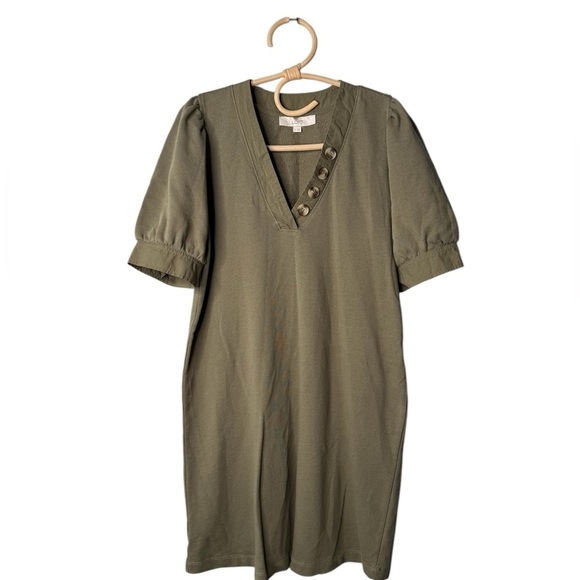 LOFT Olive Green Puff Sleeve Split Neck Sweatshirt Knee Length Dress Size Medium - Picture 3 of 16